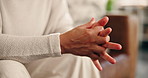Therapy, anxiety and hands of person on sofa with worry for decision, stimming and overthinking in session. Counseling, consultation and woman with anxious, nervous and stress for mental health