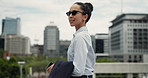 City, sunglasses and walking with lawyer woman outdoor for commute or trip to court location. Buildings, shades and thinking with female attorney in urban town for morning travel to law firm