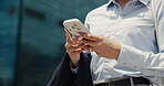 Text, walking or hands in city with phone, networking or online chat in morning commute. Digital, woman or employee in town with tech, schedule update or email communication at start of day.