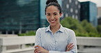 Happy, arms crossed or face of businesswoman in city, architecture career or creative professional. Portrait, confident or urban planner with municipal housing project, property development or smile