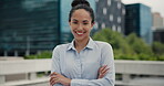 Smile, arms crossed or face of businesswoman in city, architecture career or creative professional. Portrait, confident or urban planner with municipal housing project, property development or laugh
