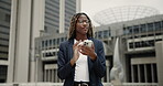 Black woman, phone and reading in city for property listing, rental agreement or contact. Realtor, business person and communication with tech for networking, real estate deal and proposal in town