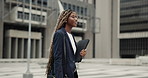 Walk, business and black woman in city for travel, thinking and real estate agent with tablet. Entrepreneur, town and person outdoor for morning commute, vision and happy realtor with reflection