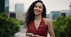 City, face and phone with business woman outdoor to search map for directions to office building. App, commute and smile of employee person in urban town for social media browsing or text message