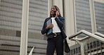 Funny, phone call and woman lawyer in city for court case or trial discussion from below. Conversation, thinking and travel with African attorney laughing outdoor on steps for commute to law firm