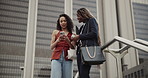 Business, people and talk in city with phone, networking or share contact for real estate connection. Below, women chat or realtor exchange email in urban town with property listing, tech or goodbye.
