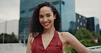 Face, woman and smile in city with confidence, real estate job or ambition for urban development. Happy, female person or realtor outdoor with pride, career growth or property investment in New York.