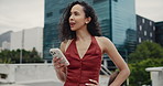 City, phone and thinking with business woman outdoor to search map for directions to office building. App, commute and reading with employee in urban town for social media browsing or text message