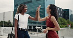 Business, people and smile in city with high five, teamwork and success for real estate property sale. Happy, women and conversation in urban town with celebration, milestone and realtor achievement.