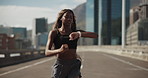 Running, smart watch and black woman in city for cardio health, timer or heart rate for fitness. Workout, jog and person check wristwatch for pace, track performance and runner exercise on bridge