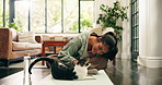 Yoga, woman and playing with cat in home for fitness break, connection and furry companion. Kitty owner, happy yogi and stroke pet on mat for post exercise, bonding together and loyalty in apartment