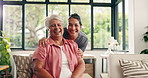 Face, caregiver and smile with old woman at house for support, assisted living and medical advice. Portrait, nurse and embrace with senior person, happiness and elderly care for healthcare services