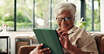 Old woman, tablet and scroll online in home with smile for communication, network and reading blog with laugh. Senior person, meme or funny chat for happiness, digital tech and internet in retirement