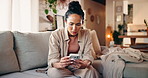 Home, thinking and woman with anger, smartphone and notification for bad news. Apartment, mobile user and person on couch, cellphone and reaction for text message, frustrated and stress for email