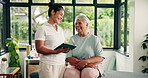 Clinic, tablet and physical therapy for old woman, laugh and consultation with medical report on web. Senior patient, rehabilitation and physiotherapist with tech for digital results, people and talk