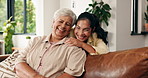 Senior mom, laugh and face of woman on sofa for bonding, relationship and laughing in home. Family, happy and portrait of elderly mother and daughter in living room for embrace, love and connection