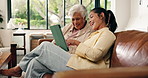 Senior mother, adult daughter or tablet in living room with smile, social media and bonding together. Elderly mom, woman and happy in home with tech, online entertainment and conversation on weekend.