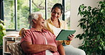 Senior mother, adult daughter or tablet in house with laugh, social media meme and bonding together. Elderly mom, woman and smile in living room with tech, online entertainment and chat on weekend.