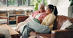 Tablet, document or senior mother with daughter in home, insurance registration or application discussion. Retirement planning, reading or people with tech for policy research, speaking or assistance