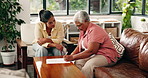 Sign, document or senior mother with daughter in lounge, insurance registration or application assistance. Retirement plan, speaking or people with paperwork for policy contract, helping or home
