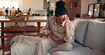 Woman, stomach ache and sofa with pain in home for indigestion, diarrhea or gastrointestinal reflux. Frustrated, female person or menstrual cycle with sore cramps for viral infection or constipation