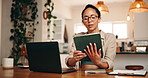 Woman, glasses and reading with tablet at house for research, finance report and budget review. Person, tech and website for mortgage payment, financial clipboard and comparison of household expenses