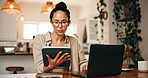 Woman, tablet and reading with laptop at house for research, finance report and budget review. Person, tech and website for mortgage payment, financial clipboard and comparison for household expenses