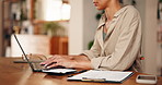 Hands, woman and typing with laptop at house for research, finance report and budget review. Female person, pc and mortgage payment with email, financial clipboard and information for household bills