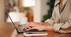 Hands, laptop and woman typing in home office for remote work, campaign or social media marketing. Computer, freelance marketer and person with keyboard for post schedule, ads or research trends