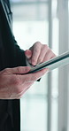 Trading, hands or scroll with tablet in office, stock market research or finance database system for info. Flare, assets exchange proposal or person planning with tech, hedge fund liquidation or zoom