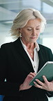 Business, mature woman and tablet in office for real estate, property research and auction listing. Thinking, realtor and digital for expansion negotiation, resale opportunity and viewing schedule