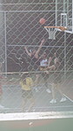 Basketball, challenge and game with people outdoor together for competition or tournament. Fence, fitness and sports with group of active players on court for exercise or practice match at venue