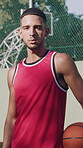 Face, man or basketball player on court for sport practice, outdoor or training for skill development. Fitness, portrait or serious athlete with confidence for talent, ball game or ready for exercise