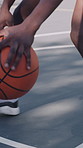 Outdoor, athlete and hands with basketball, practice and training for competition, active or fitness. Court, dribble and person with energy for sport tournament, cardio and exercise routine for game