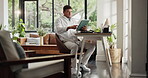 Tablet, freelancer and research with man in house for blog writer, virtual editor and newsletter promotion. Online magazine article, remote worker and paperwork with person in living room of home