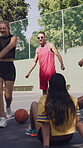 Sport, friends or happy with dancing on court for match break, fun playlist or rhythm in streetwear. Basketball community, gen z people or movement at urban park for bonding, game rest or groovy song