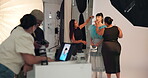 Backstage, stylist and makeup for model, beauty and photoshoot preparation, talk or makeover process. Behind the scenes, people and foundation application with tools, fashion and production setup