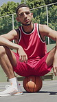 Basketball, face and serious with man outdoor for competition, sports activity or training. Fitness, health and urban with athlete person or player on court for exercise, tournament and workout