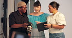 People, photographer and camera with clipboard for photoshoot, review pictures and filming catalog. Team, talk and equipment with photography checklist, feedback and pose guidance of fashion magazine