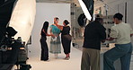 Photography, styling and timelapse with model bts for clothes catalog or fashion magazine. Makeup, process or session with photographer, stylist team and woman in studio for creative production