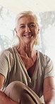 Face, old woman and relax for yoga at house with smile, fitness break and positive attitude. Portrait, senior person and happiness with calm morning, stress relief and cool down from yogi practice