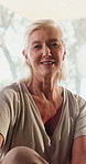 Face, old woman and relax for yoga in home with smile, fitness break and positive attitude. Portrait, senior person and happy with calm morning, stress relief and yogi practice of retirement wellness
