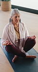 Old woman, lotus and meditation with breathing exercise at gym, yoga and eyes closed at club. Elderly person, mudra and holistic fitness with mindfulness on floor, glasses and retirement at studio