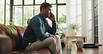 Phone call, communication and man in living room with freelancer, financial advice and chat in home. Remote work, account manager and male person with tech for conversation, smile and discussion