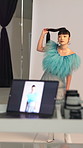 Asian woman, BTS and model with photoshoot for fashion, production process and picture. Photography, style and capture image with people, media and laptop screen in creative industry in studio