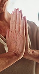 Hands together, yoga and senior woman with fitness for wellness, practice and meditation. Closeup, pensioner and old person in studio, chakra and zen with exercise for health benefits and mindfulness