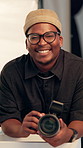 Face, photographer and black man in studio, camera or skills for creative design project. African person, freelancer or tech for film production, photoshoot or start catalog for about us or equipment