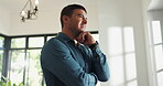 Thinking, reflection and man in home with plan, choice or problem solving in startup growth. Thoughts, decision and entrepreneur in living room with idea, contemplation or solution for small business
