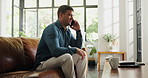 Man, talk or remote work in living room with phone call, planning or feedback for marketing campaign. Freelancer, person and contact in home with tech, discussion or proposal for advertising project.
