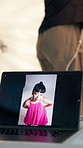 Laptop screen, photoshoot and woman with picture editing, photography and creative project. Pc, montage and person in studio for digital art, capture moment and process for production and backstage